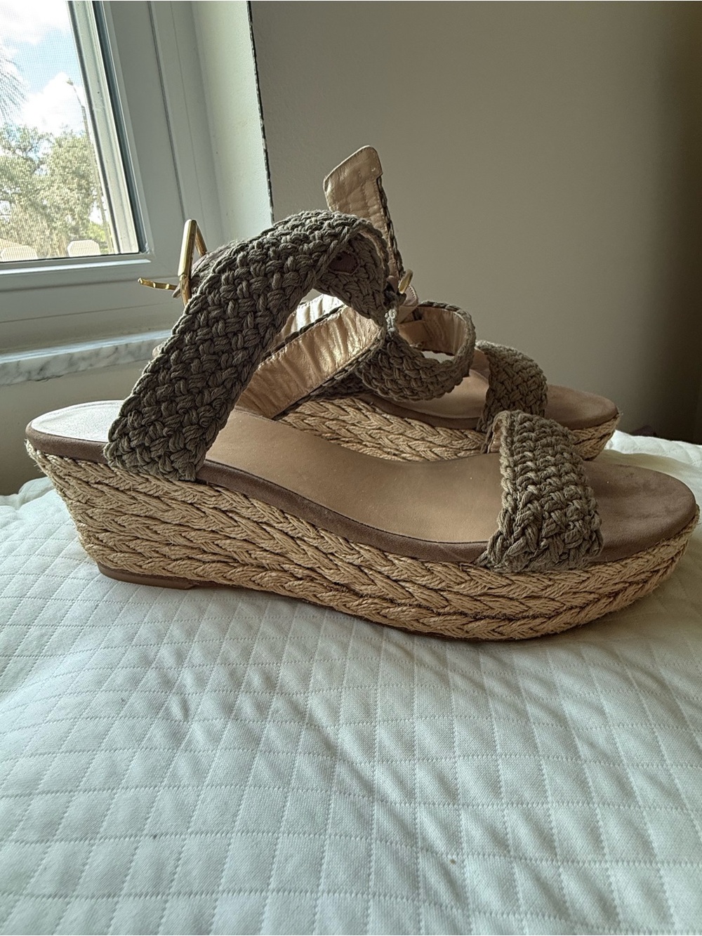 Stuart Weitzman Braided Taupe Wedge Sandals
